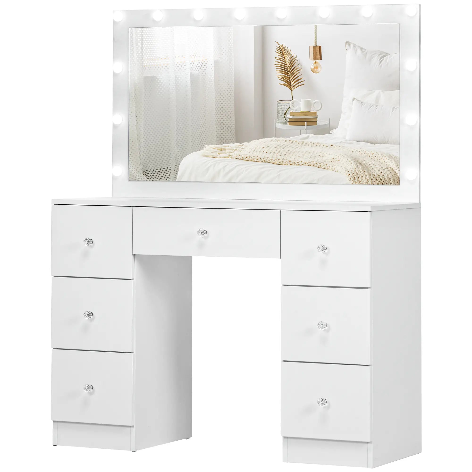 Modern Makeup Vanity Table, Mirror with 10 LED Lights, 7 Drawers, White Dressing & Vanity Tables White at Gallery Canada