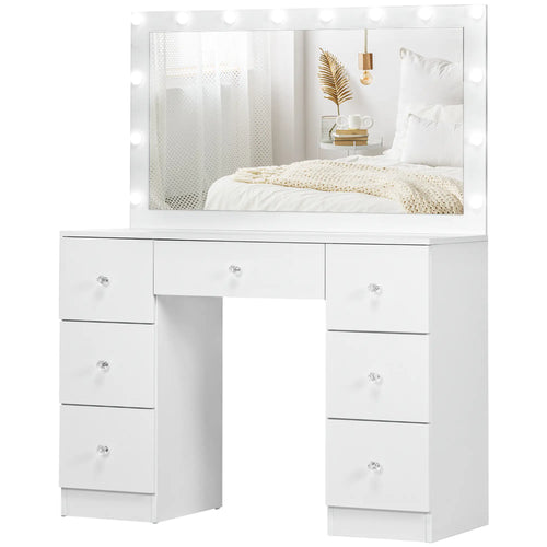 Modern Makeup Vanity Table, Mirror with 10 LED Lights, 7 Drawers, White