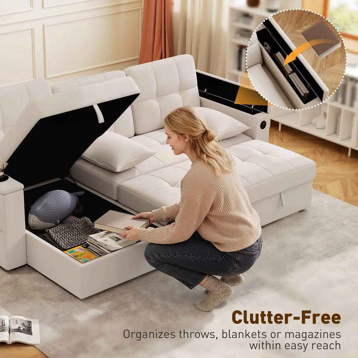 Convertible Sectional Sofa Bed, Pull Out Sleeper With USB‑A+C, Chaise Storage, L-Shaped Futon, Beige Sofas & Reclining Chairs at Gallery Canada