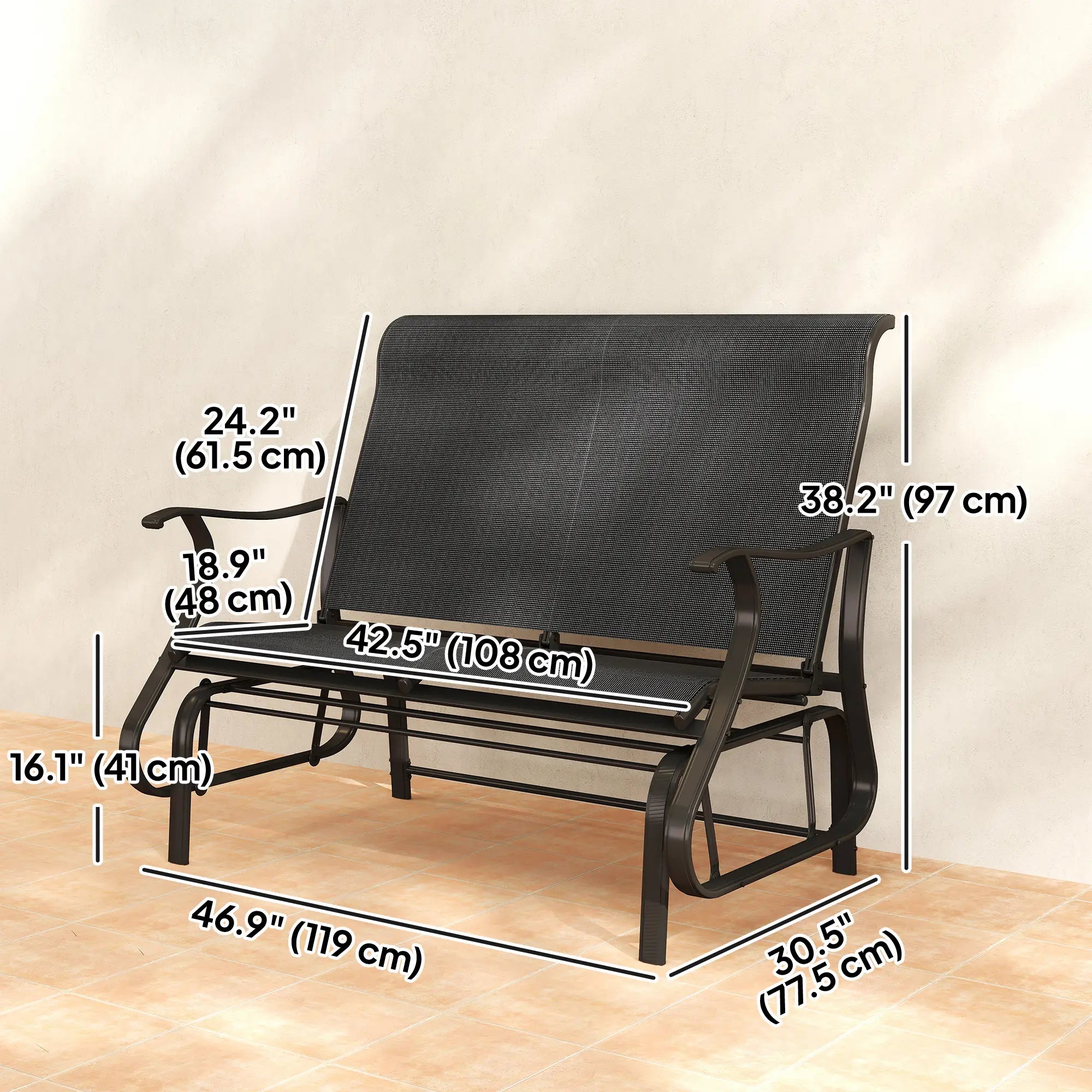 Garden Double Gliding Chair, Steel Frame, Mesh Seat Backrest, Black Outdoor Gliders at Gallery Canada
