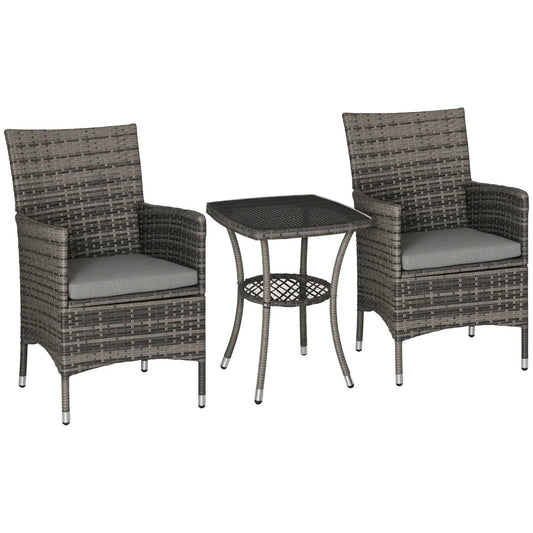 3 Pc Wicker Patio Set, Rattan Bistro with Glass Table, Mixed Grey, Grey Bistro Sets Mixed Grey Rattan, Mixed Grey Cushion at Gallery Canada