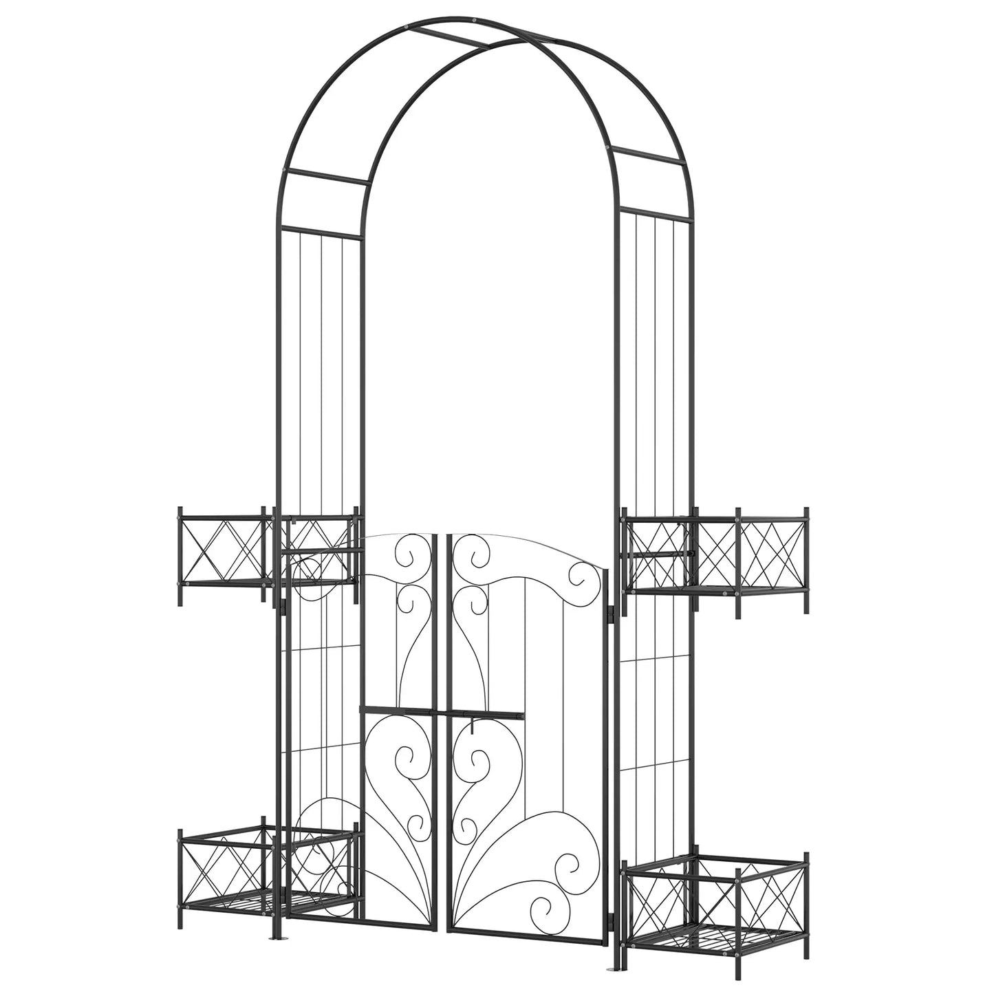 7.1FT Metal Garden Arch with Gate, 4 Planter Boxes, Black Garden Arches at Gallery Canada
