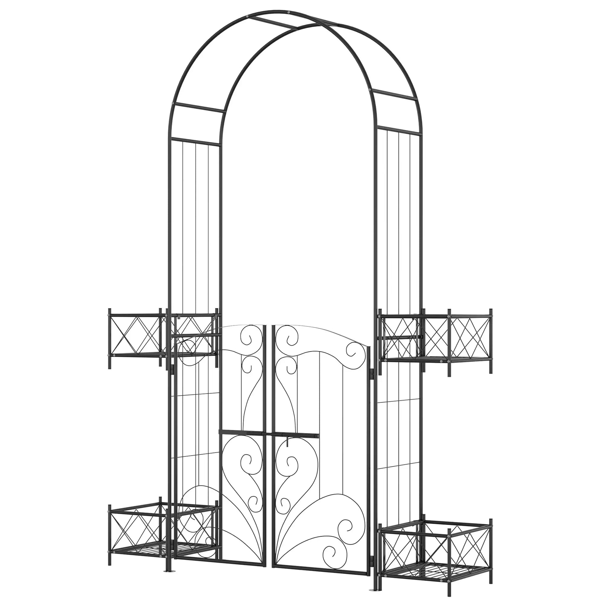 7.1FT Metal Garden Arch with Gate, 4 Planter Boxes, Black Garden Arches at Gallery Canada