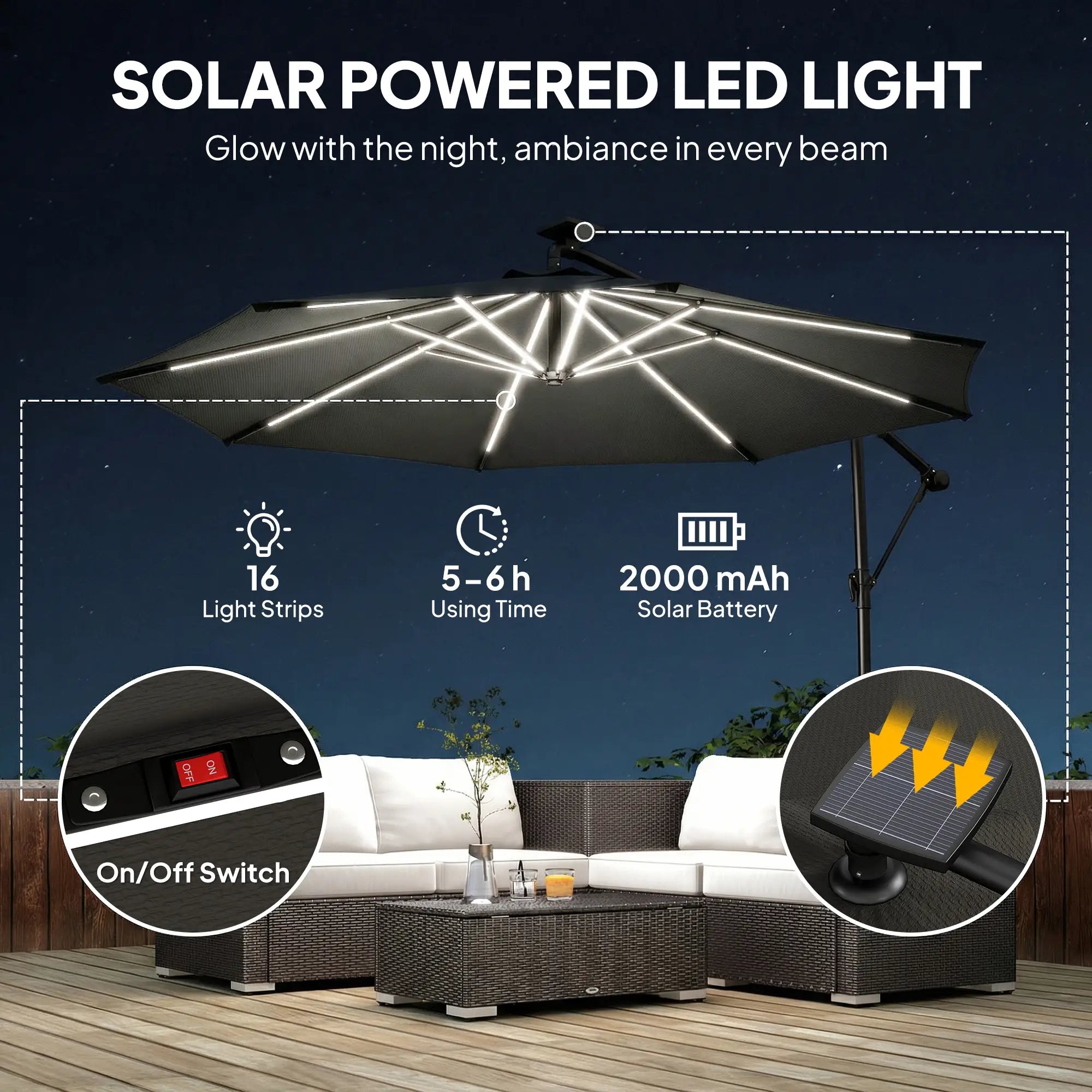 10 ft Offset Patio Umbrella With Solar Light, 360° Rotation, Tilt, Cover, Black Offset Cantilever Umbrellas at Gallery Canada