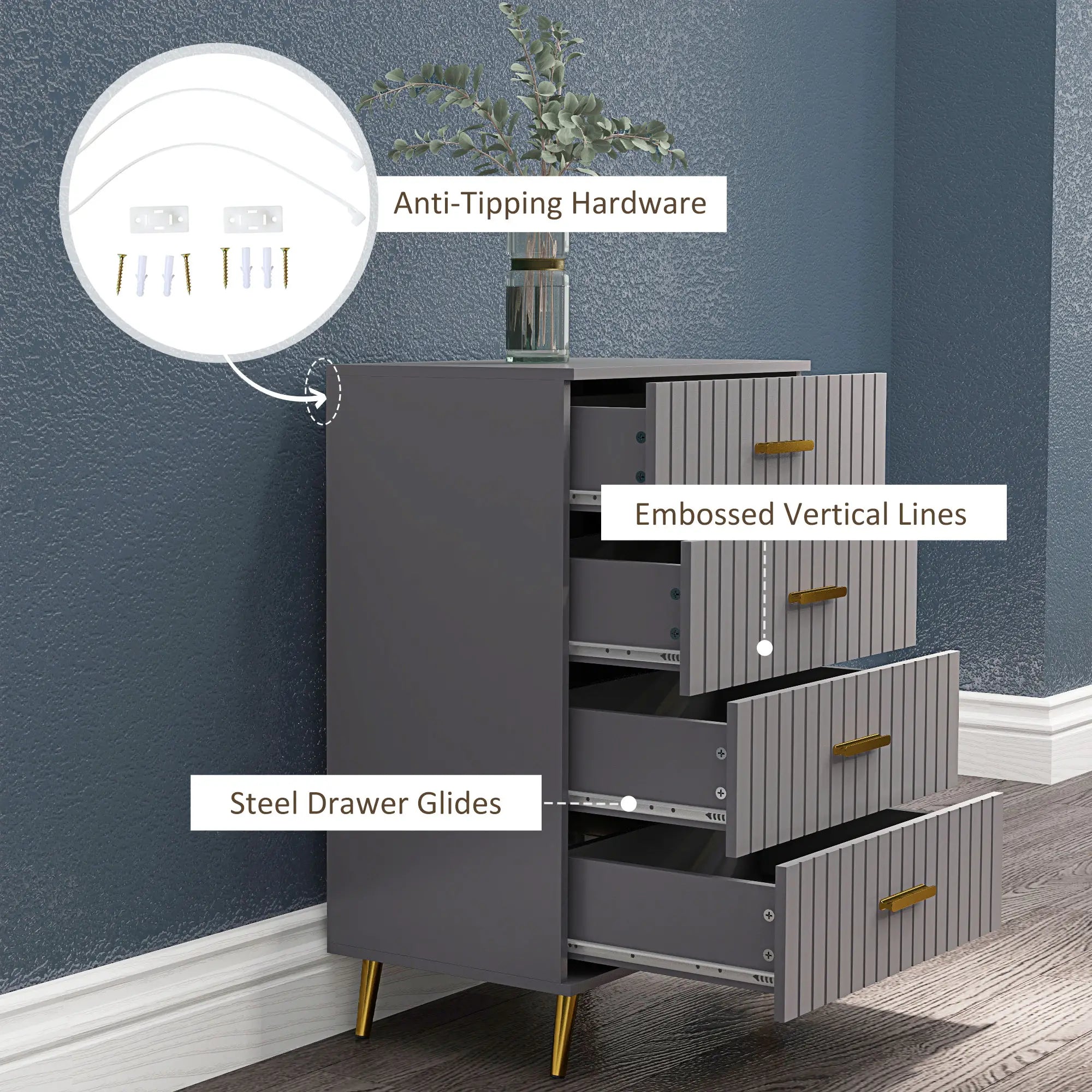 4 Drawer Cabinet, Bedroom Chest, Aluminium Legs, Gold Handles, Dark Grey Storage Cabinets at Gallery Canada