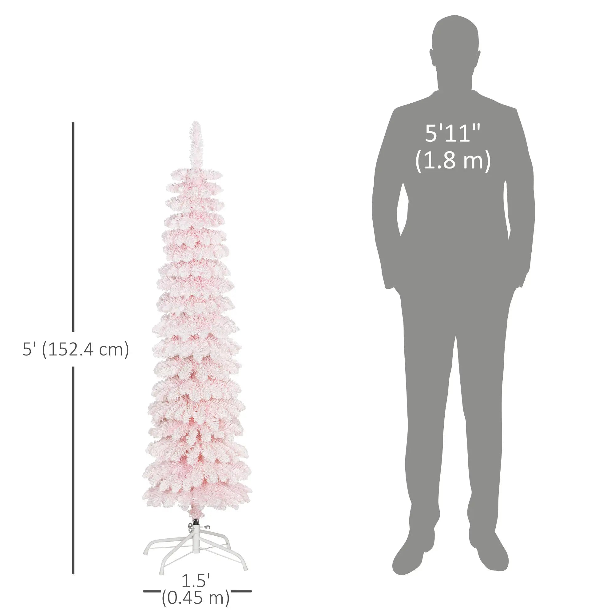 5ft Snow-Flocked Slim Pencil Christmas Tree, 301 Branches, Metal Base, Pink Pencil Christmas Trees at Gallery Canada