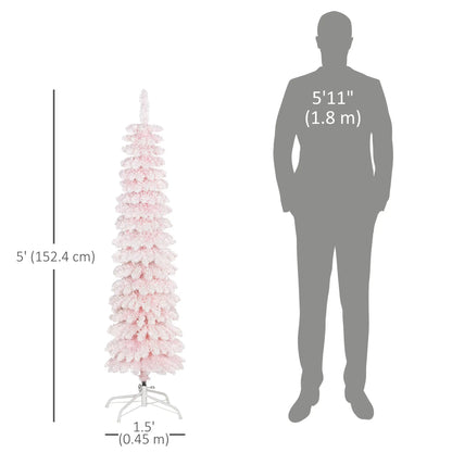 5ft Snow-Flocked Slim Pencil Christmas Tree, 301 Branches, Metal Base, Pink Pencil Christmas Trees at Gallery Canada