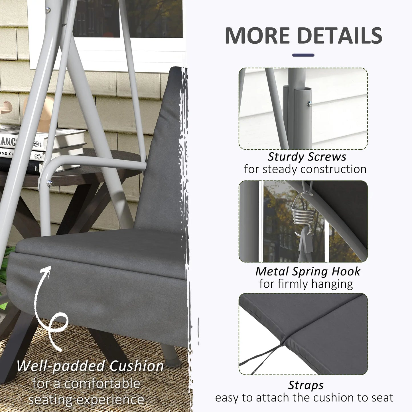 2-Seater Outdoor Porch Swing, Adjustable Canopy, Table, Grey Patio Swings with Stand at Gallery Canada