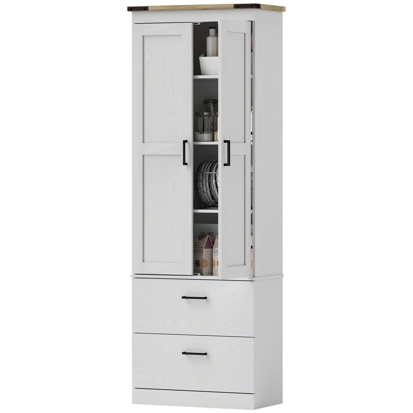 67" Tall Kitchen Pantry Cabinet, Doors, Drawers, Adjustable Shelves, Cream White Kitchen Pantry Cabinets Cream White Wood Grain, Retro Brown at Gallery Canada