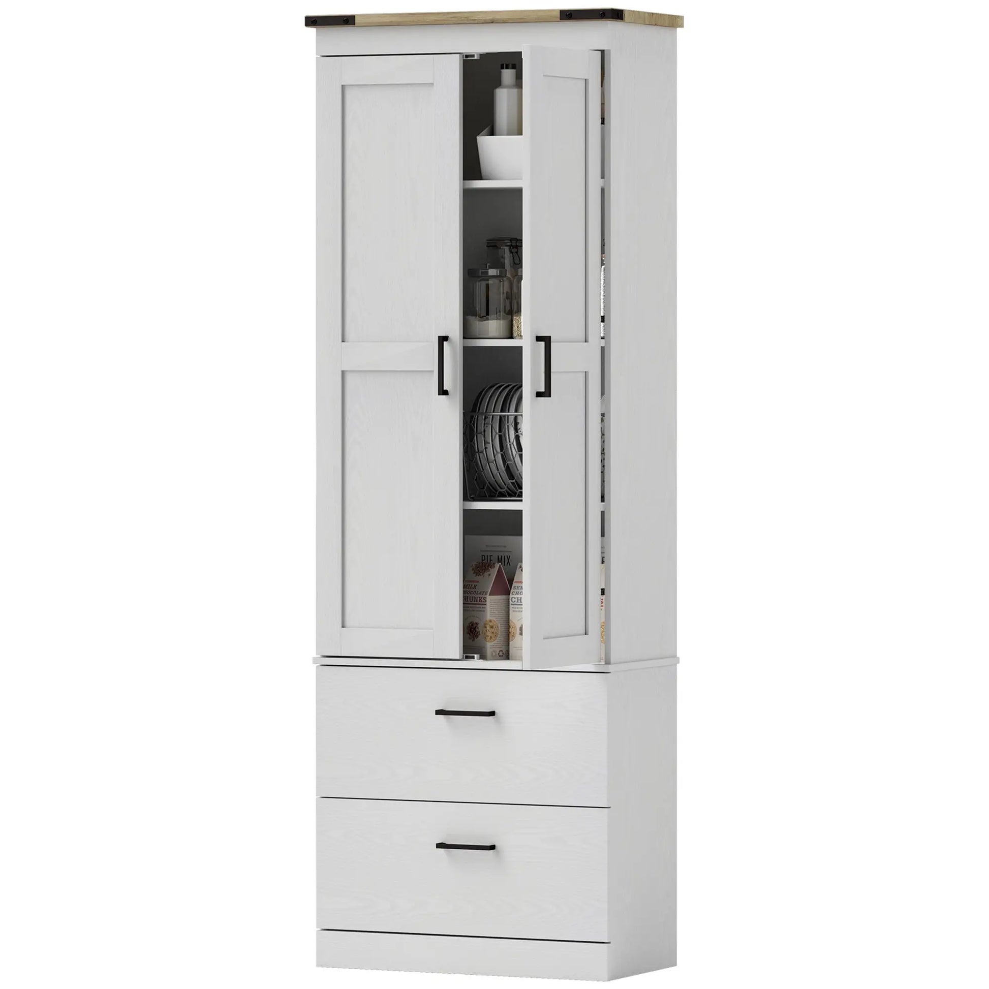 67" Tall Kitchen Pantry Cabinet, Doors, Drawers, Adjustable Shelves, Cream White Kitchen Pantry Cabinets Cream White Wood Grain, Retro Brown at Gallery Canada