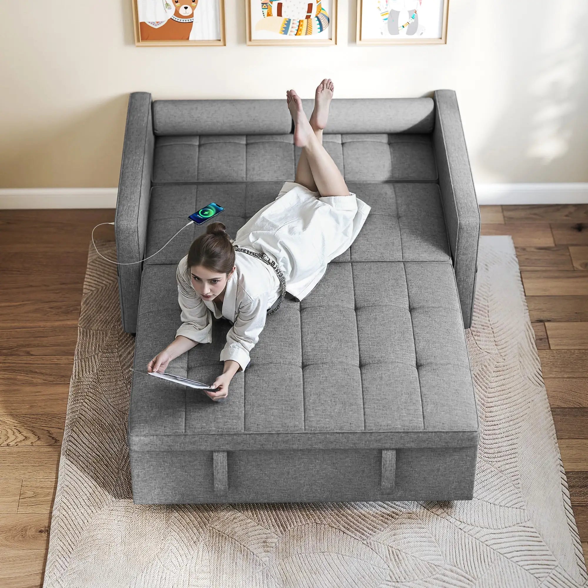Pull Out Sofa Bed, Sleeper Couch with USB, Small Linen Loveseat, Grey 2-Seater Sofas at Gallery Canada