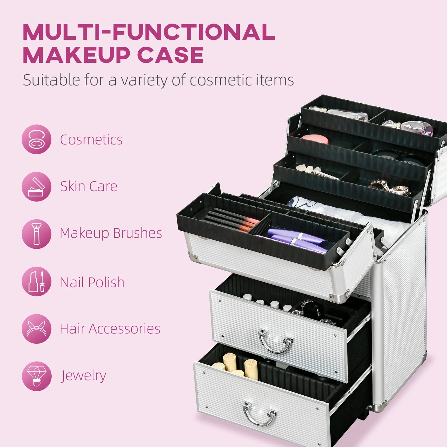 Aluminum Rolling Makeup Train Case, Portable Cosmetic Case, Lockable with Wheels, Silver Makeup Cases at Gallery Canada