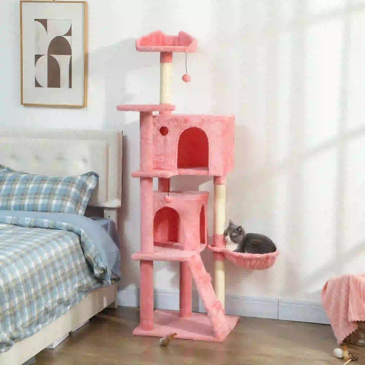 63 Inch Cat Tree with Sisal Posts, Condos, Perches, Hammock, Pink Cat Towers at Gallery Canada