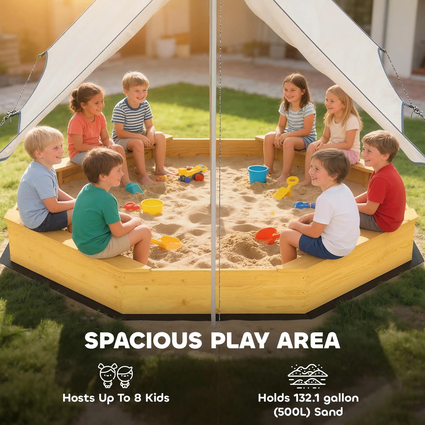 Wooden Kids Sandbox With Large Canopy, 4 Bench Seats, Bottom Liner, Yellow Sandboxes & Accessories at Gallery Canada