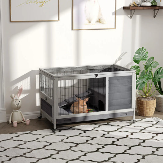 Wooden Indoor Rabbit Hutch, Elevated Bunny Cage with Wheels, Grey Rabbit Hutch Grey at Gallery Canada