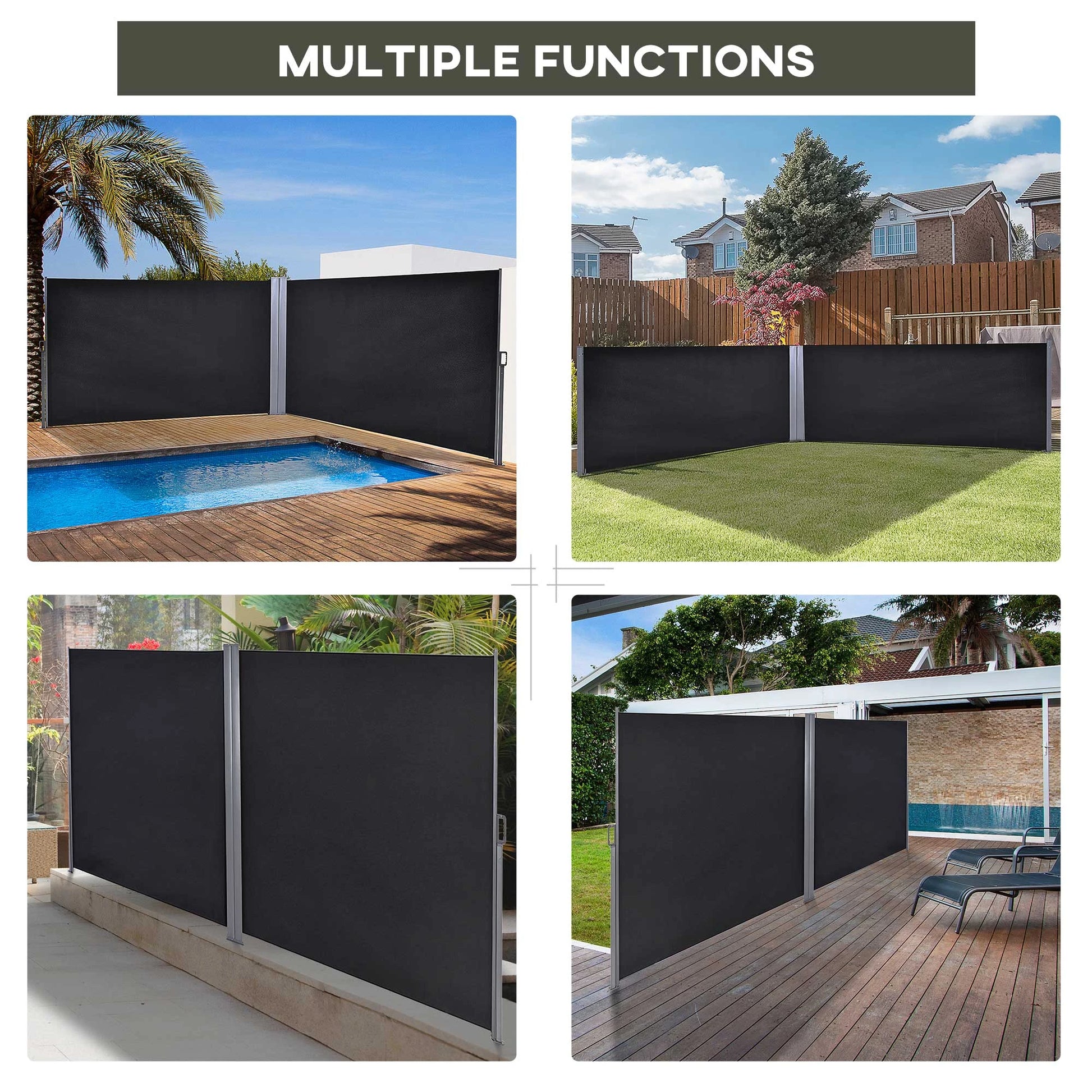 236" x 63" Outdoor Privacy Wall, Double Retractable Awning, Black Side Awnings at Gallery Canada