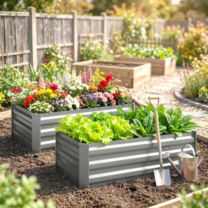 Set of 2 Galvanized Raised Garden Beds, Outdoor Planter Box, Light Grey Raised Garden Beds at Gallery Canada