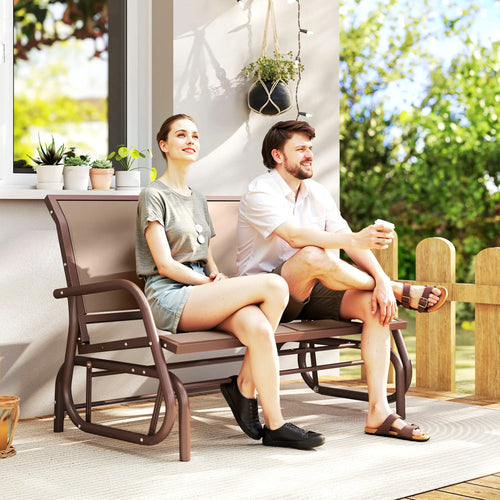 Steel Sling Fabric Gliding Bench, Outdoor Garden Swing Chair, Coffee Brown, Brown