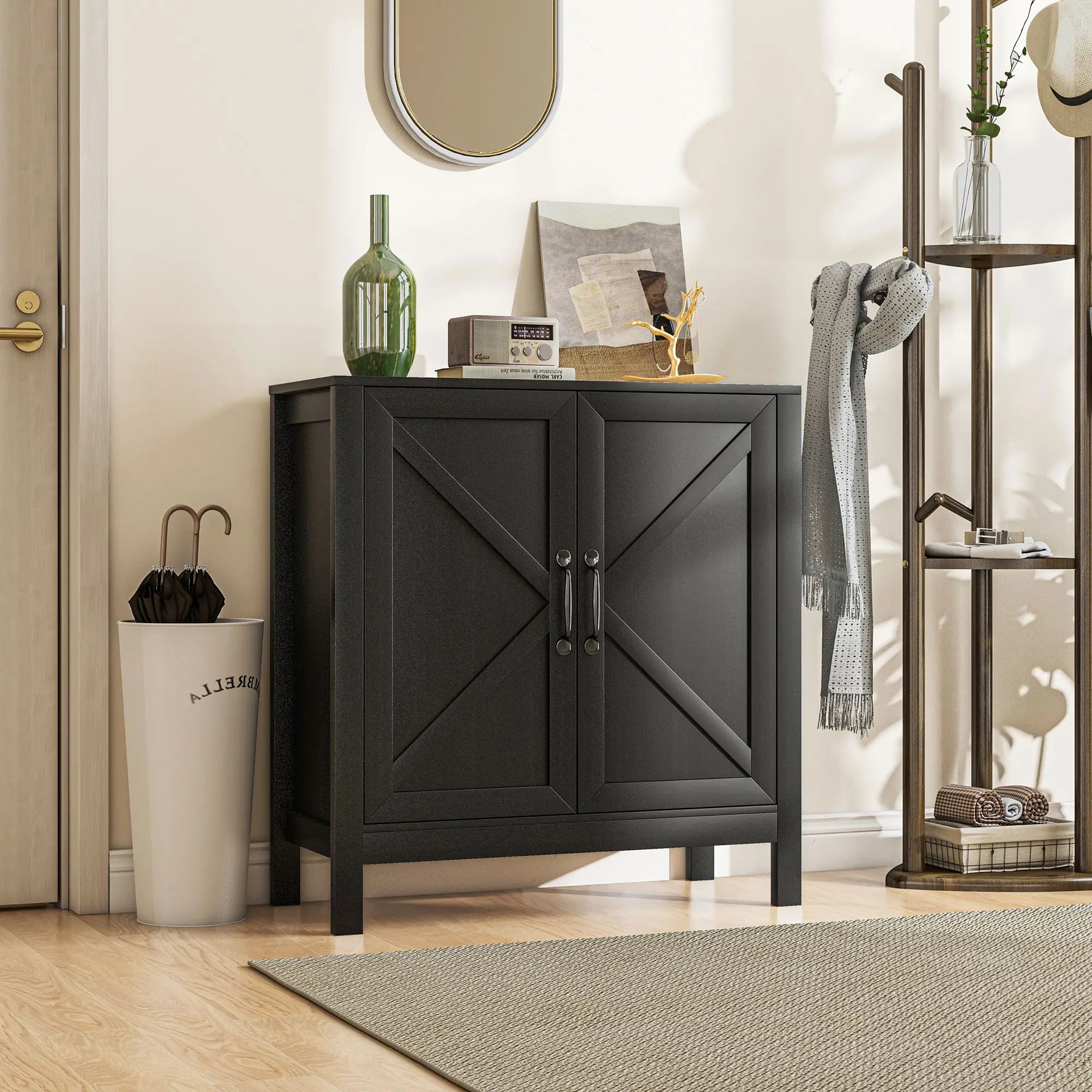 Sideboard Buffet, Kitchen Cabinet with Barn Door, Adjustable Shelves, Black Oak, Black Bar Cabinets at Gallery Canada
