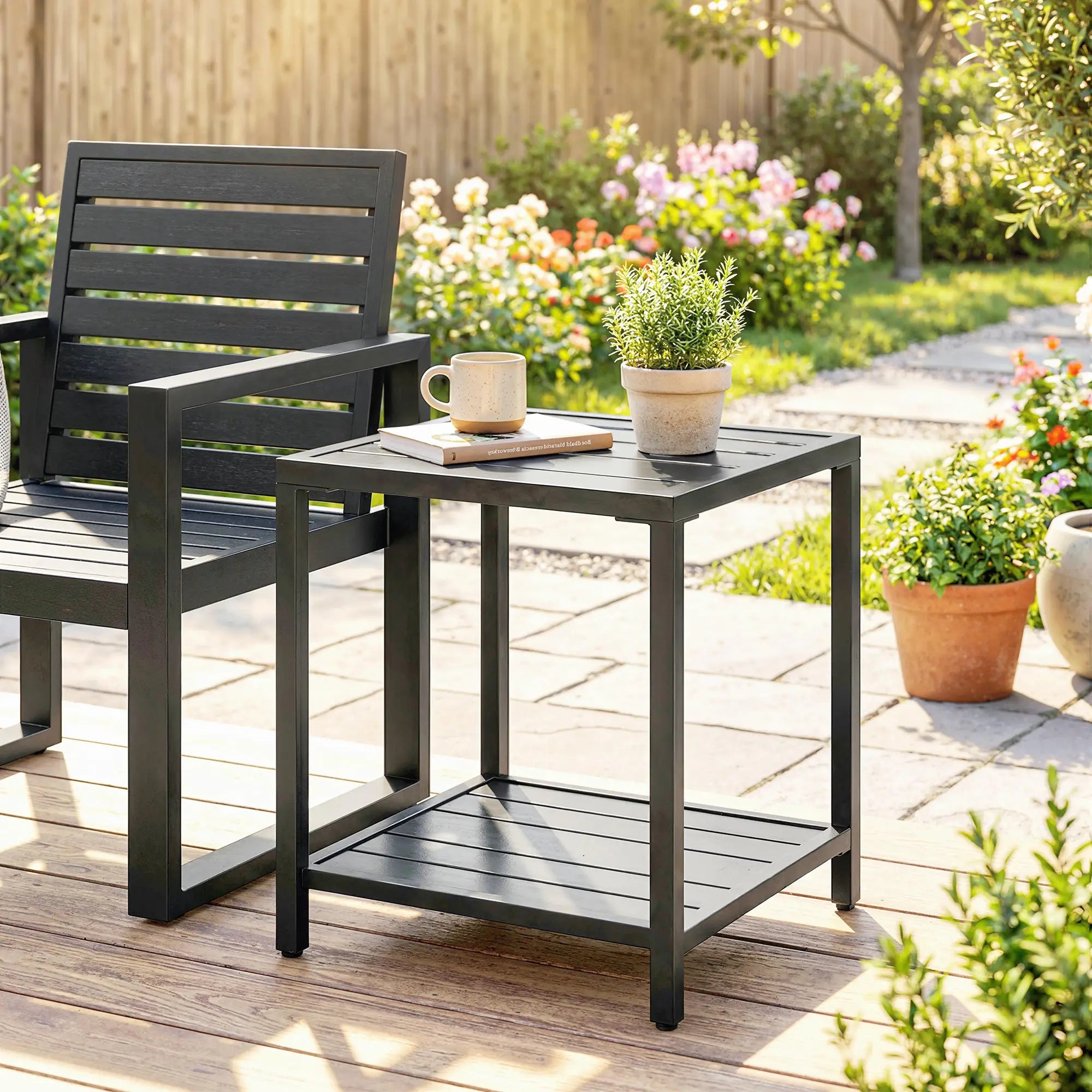 Outdoor Coffee Table, 2-Tier With Storage Shelf, Adjustable Feet, Black Patio Side Tables at Gallery Canada