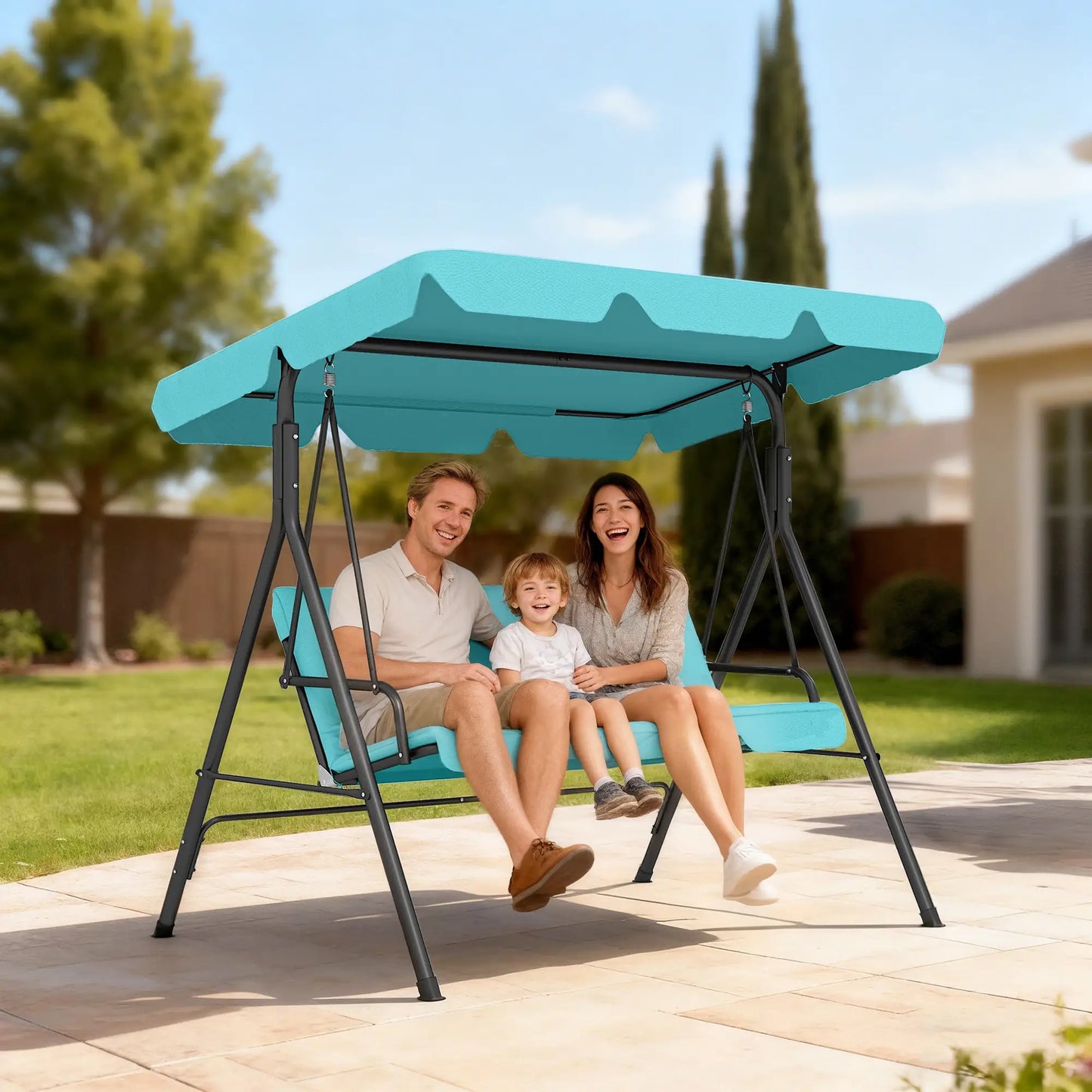 3-Seater Outdoor Porch Swing, Adjustable Canopy, Teal Porch Swings with Canopy at Gallery Canada