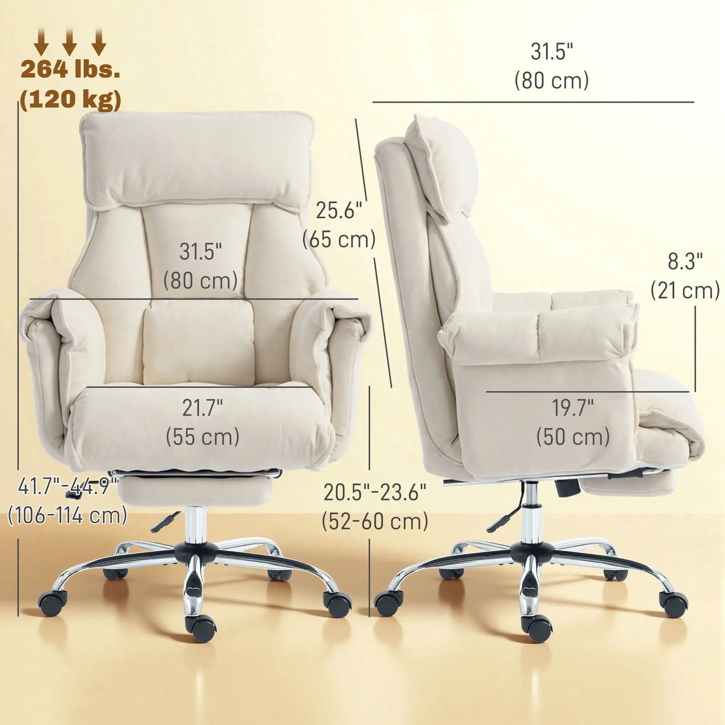 Desk Chair With Footrest, Adjustable Backrest, Cream White, Cream White