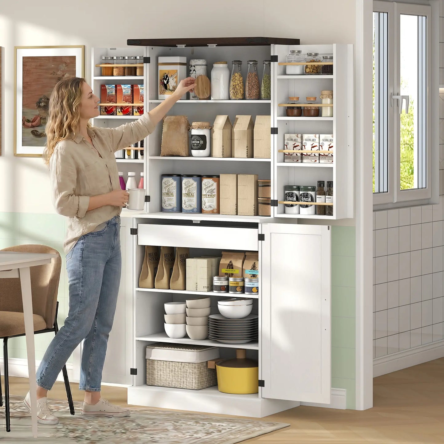72" Tall Kitchen Pantry Cabinet, Farmhouse Storage Cabinet with 8 Door Racks and Adjustable Shelves, White