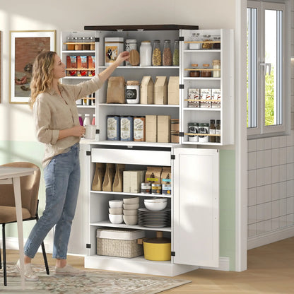 72" Tall Kitchen Pantry Cabinet, Farmhouse Storage Cabinet with 8 Door Racks and Adjustable Shelves, White