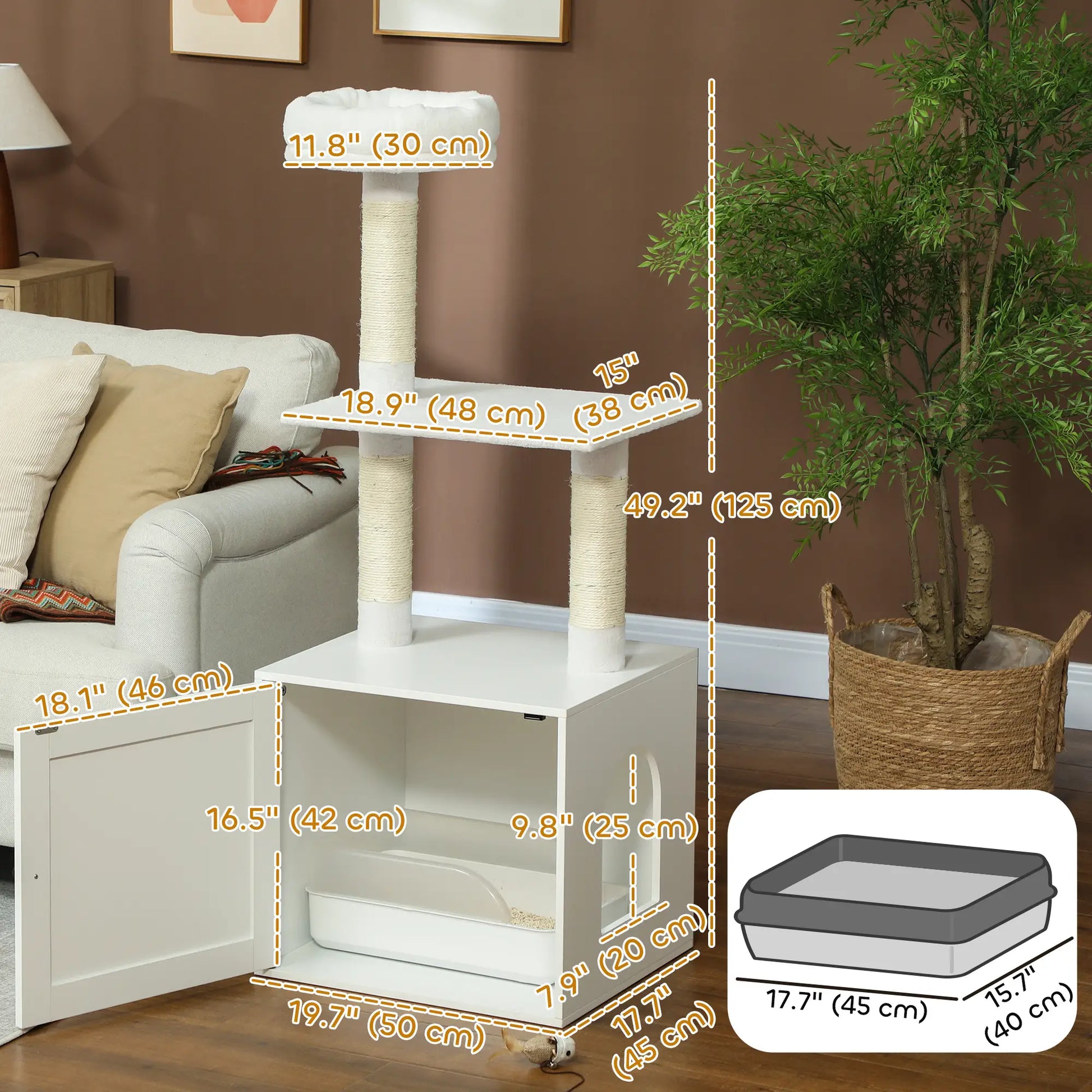 Cat Tree with Litter Box, Scratching Posts, Large Platform, Bed, White Cat Litter Box Enclosures at Gallery Canada