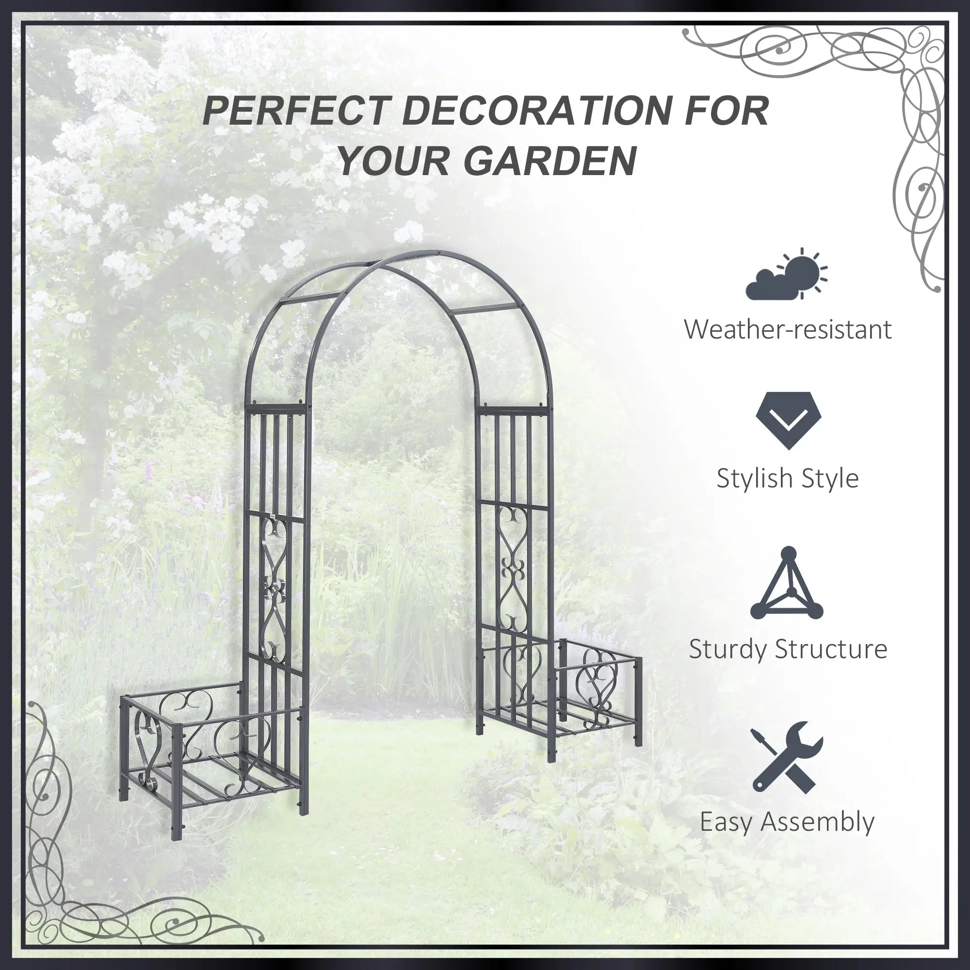 7FT Metal Garden Arch with 2 Planter Boxes, Outdoor Walkway Arbor, Dark Grey Garden Arches at Gallery Canada