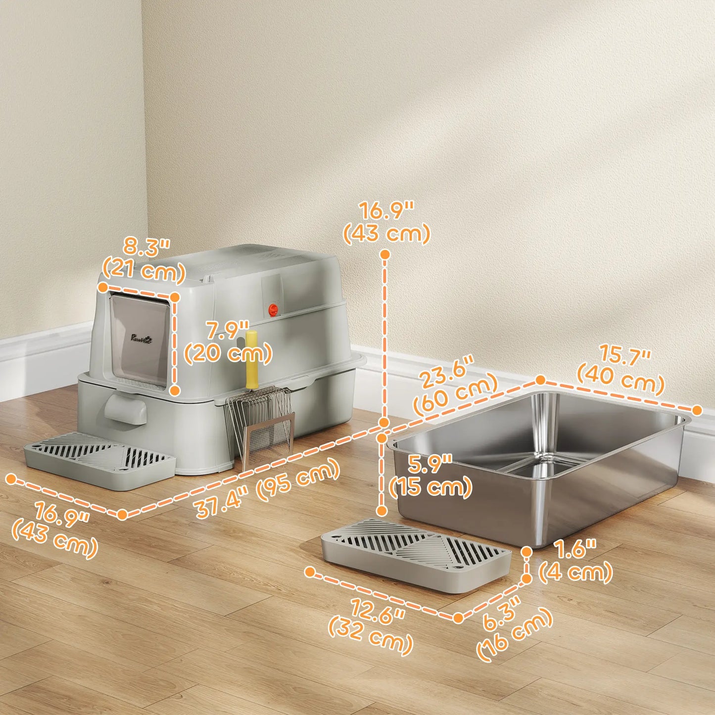 80L XL Stainless Steel Cat Litter Box, Flip Cover, Pull-Out Drawer, High Sided, Pedal, Light Grey Cat Litter Box Enclosures at Gallery Canada