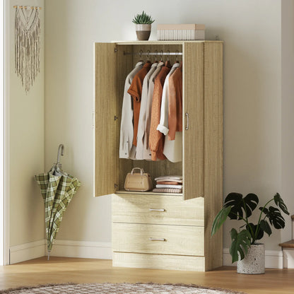 Wardrobe Closet, Hanging Rod, 2 Doors, 2 Drawers, Oak Clothing Storage at Gallery Canada