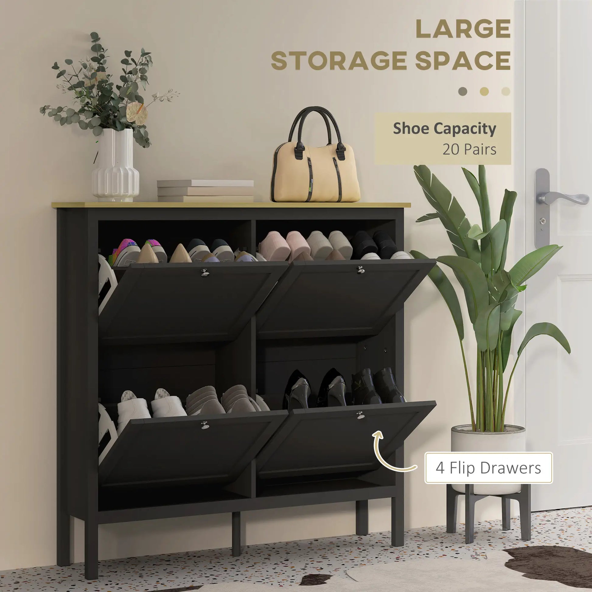 Shoe Storage Cabinet, 4 Flip Drawers, Adjustable Shelves, Holds 20 Pairs, Black Shoe Storage Cabinets & Racks at Gallery Canada