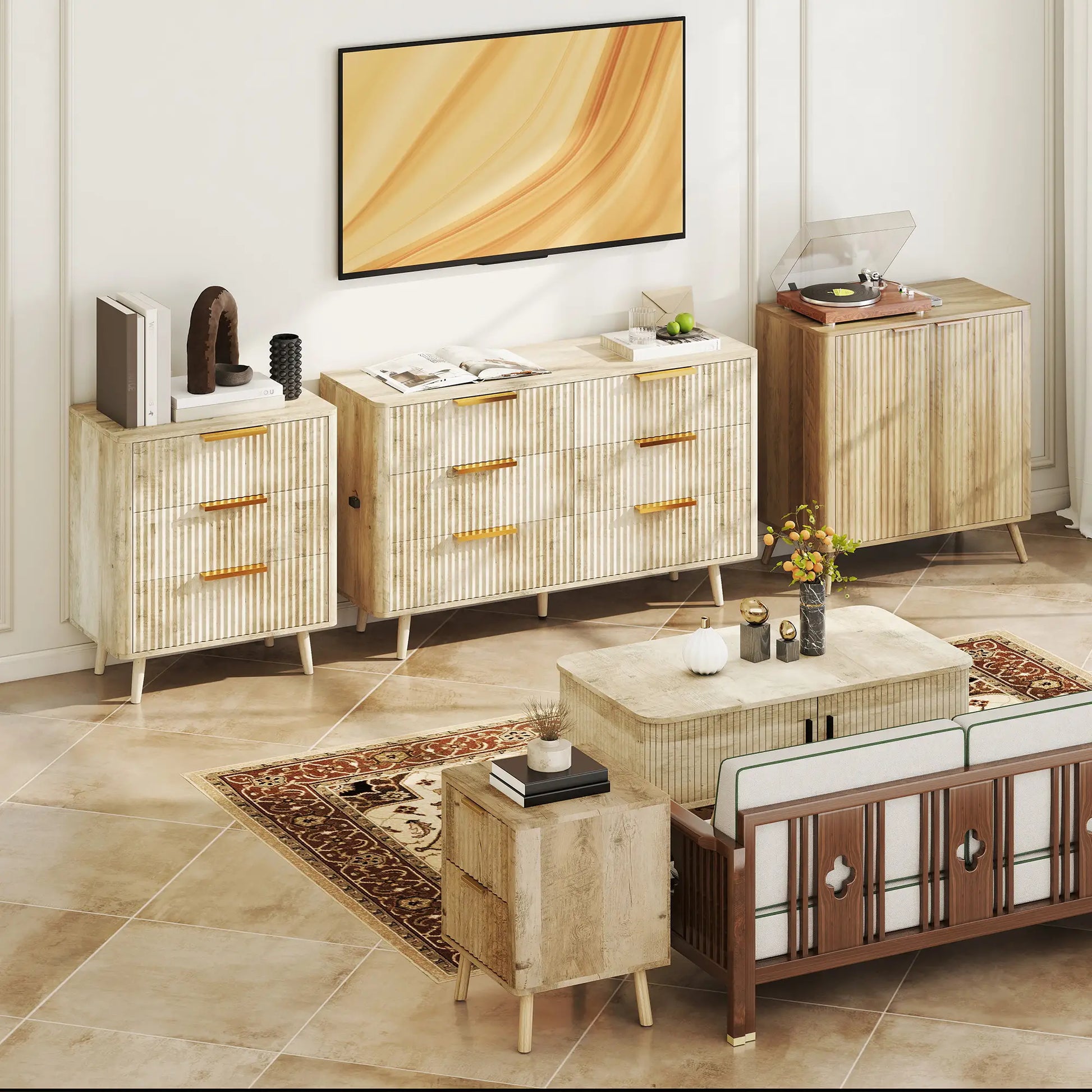 Night Stands Set of 2, Finger Pulls, Fluted Drawers, Round Edges, Oak Bedside Tables at Gallery Canada