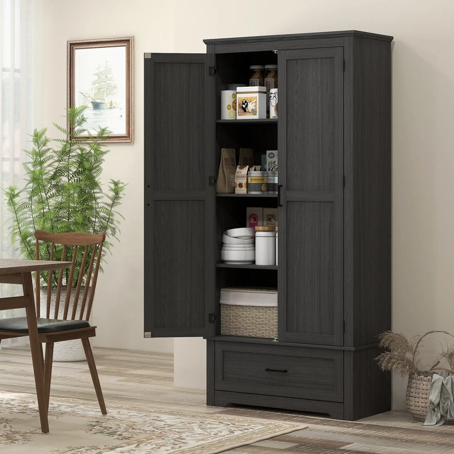 69" Tall Farmhouse Pantry Cabinet, 2 Doors, Drawer, Adjustable Shelves, Black Wood Grain, Black Kitchen Pantry Cabinets at Gallery Canada