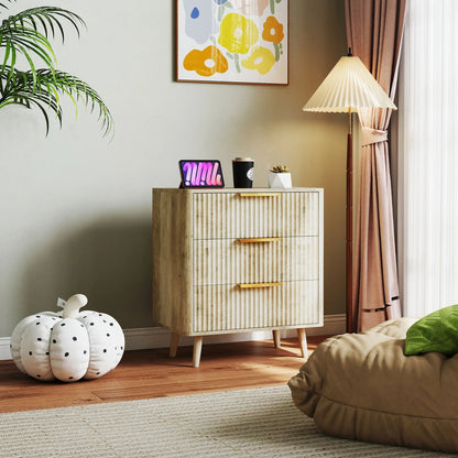 Fluted Chest of Drawers, Modern 3 Drawer Dresser with Pine Wood Legs, Oak Storage Cabinets at Gallery Canada