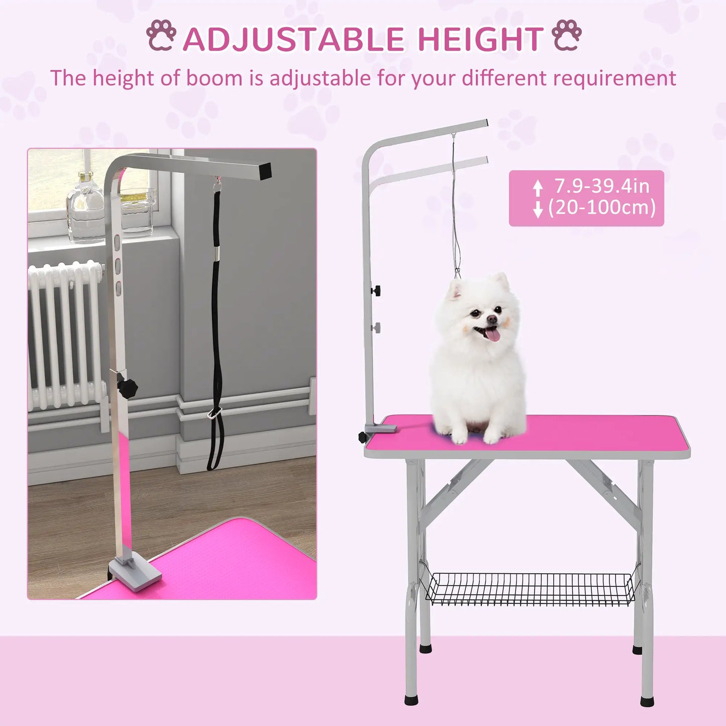 Foldable Dog Grooming Table, Height Adjustable Arm, Storage Shelf, Pink Dog Grooming Tables at Gallery Canada