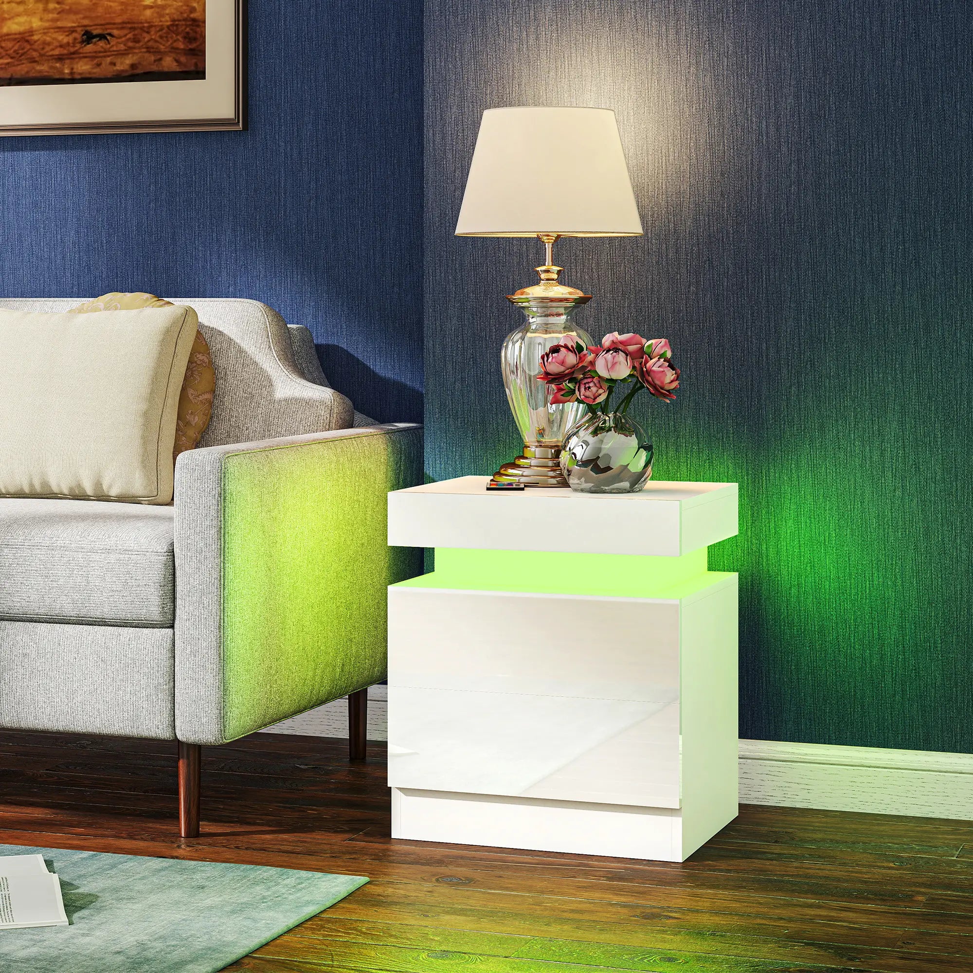 Nightstand Set of 2, LED Lights, 2 Drawers, White Bedside Tables at Gallery Canada