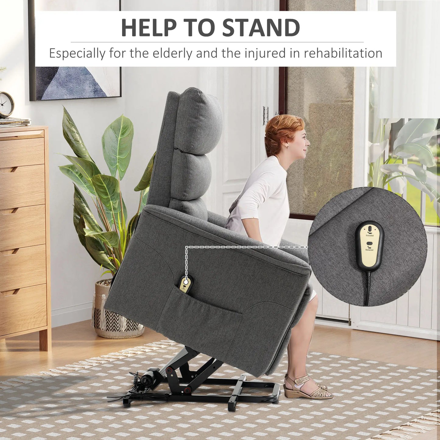 Power Lift Chair Recliner, Remote Control, Side Pockets, Dark Grey Electric Power Lift Chairs at Gallery Canada