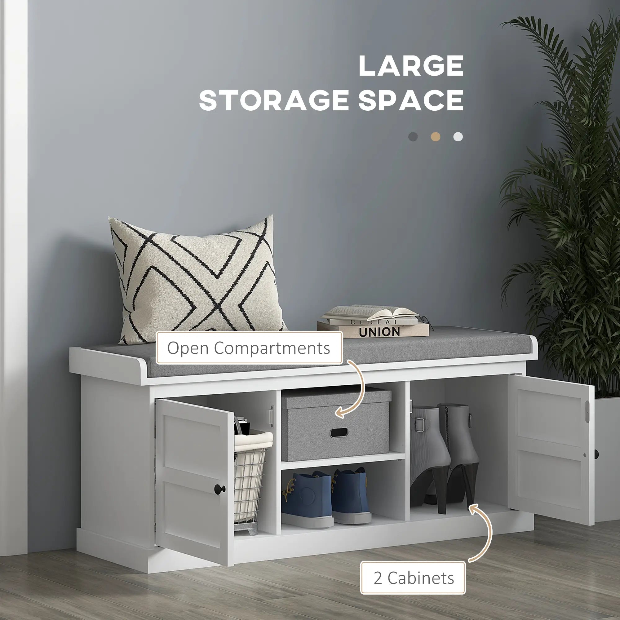 Shoe Storage Bench with Cushioned Seat, 2 Cabinets, Adjustable Shelf, White Shoe Storage Cabinets & Racks at Gallery Canada