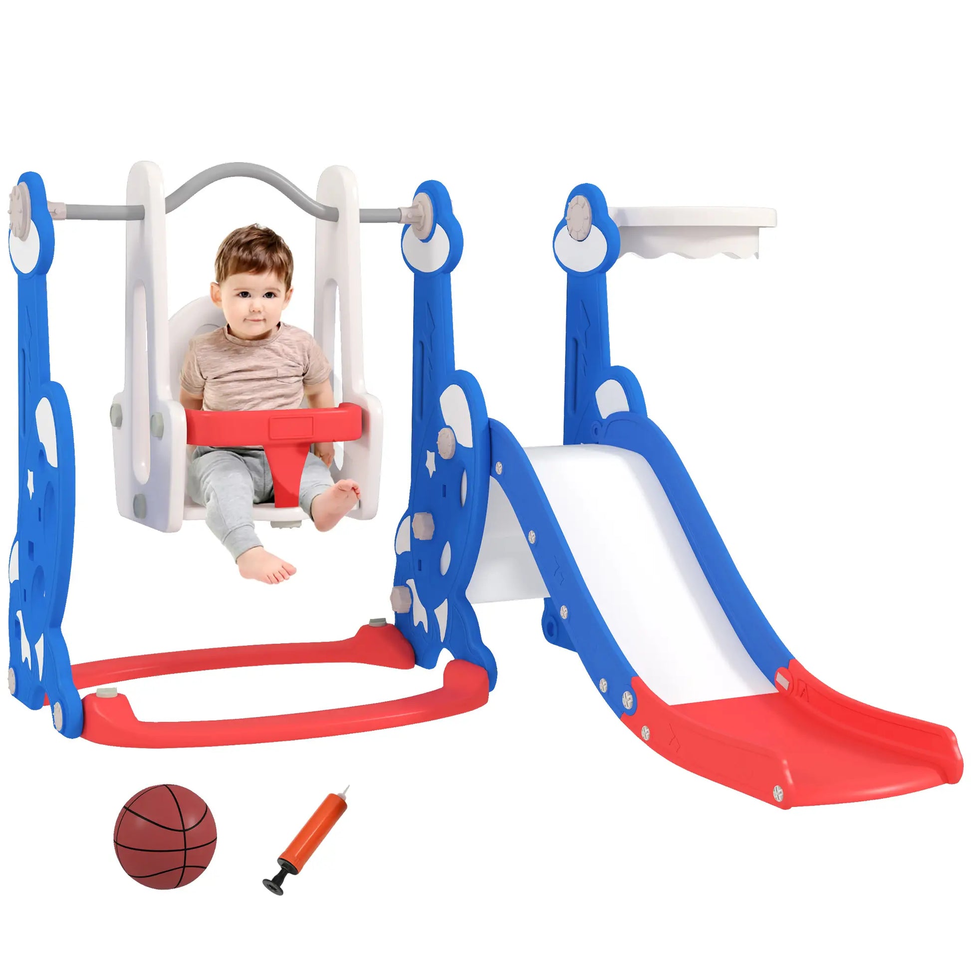 4-in-1 Slide, Swing Set, Basketball Hoop, Climber, Ages 1.5-4, Dark Blue Gym Sets & Swings at Gallery Canada