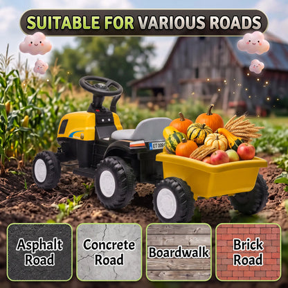 Tracteur pour enfants 6V véhicule électrique, remorque détachable, musique, jaune