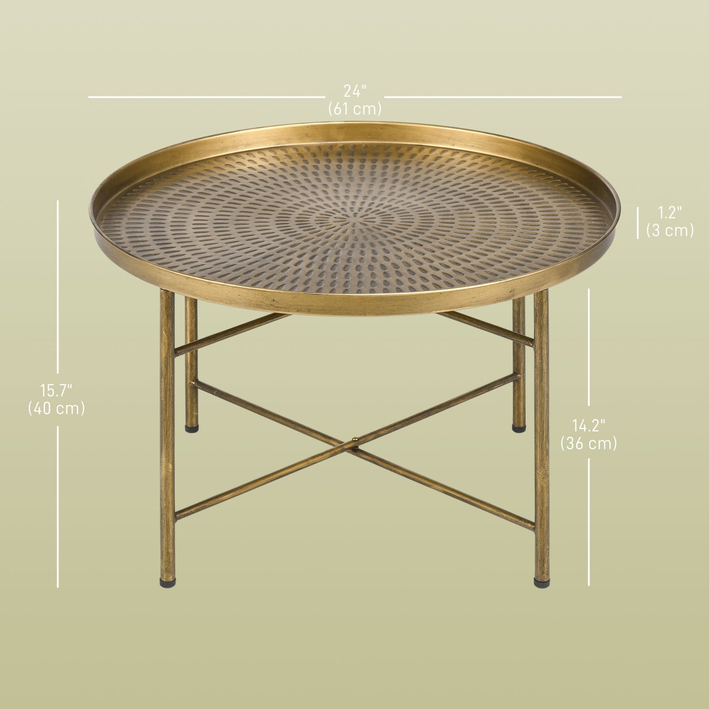 Vintage Coffee Table for Living Room, 24" Round Center Table with Hammered Tray Top and Metal Frame, Gold at Gallery Canada
