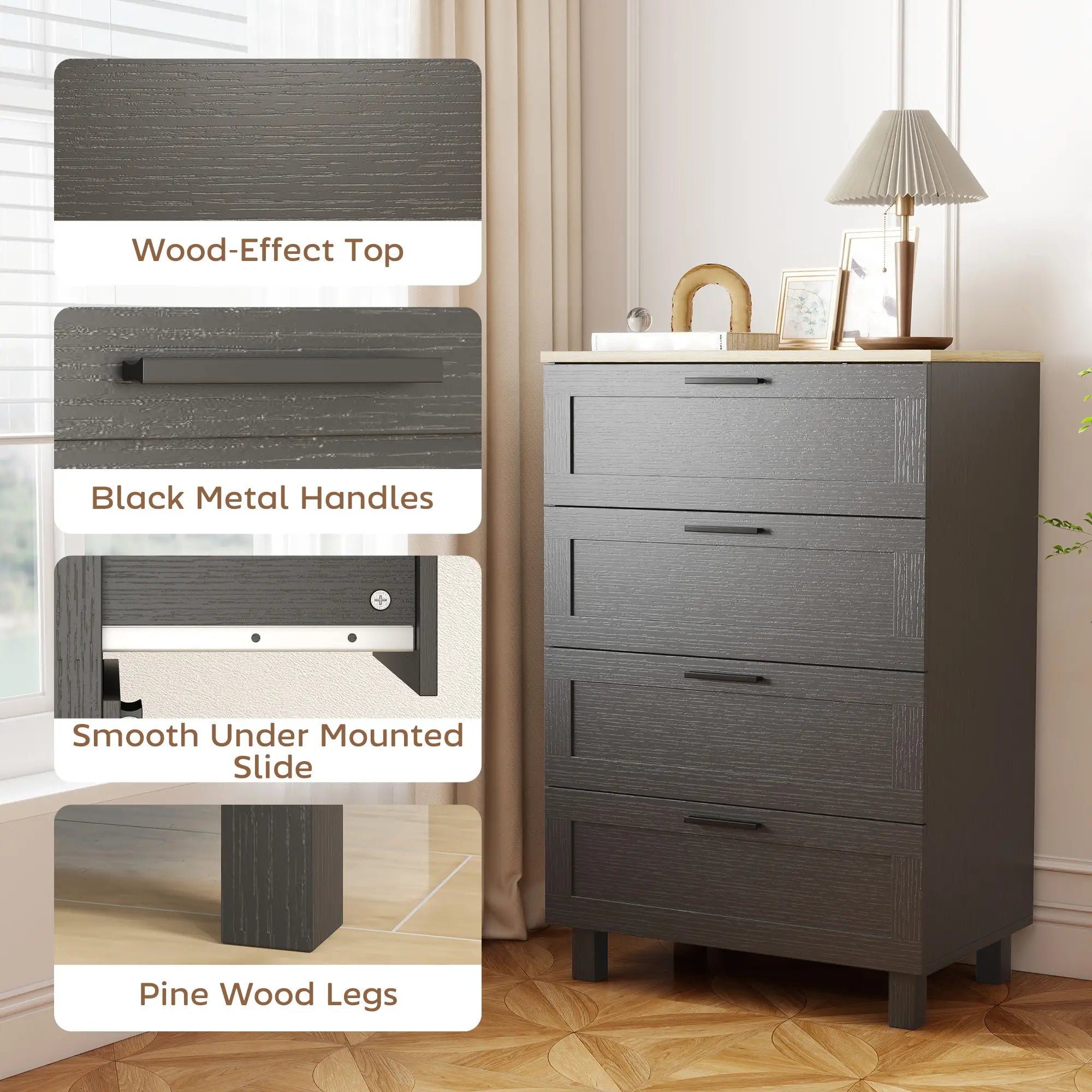 4 Drawer Dresser, Solid Wood Legs, Black Storage Cabinets at Gallery Canada