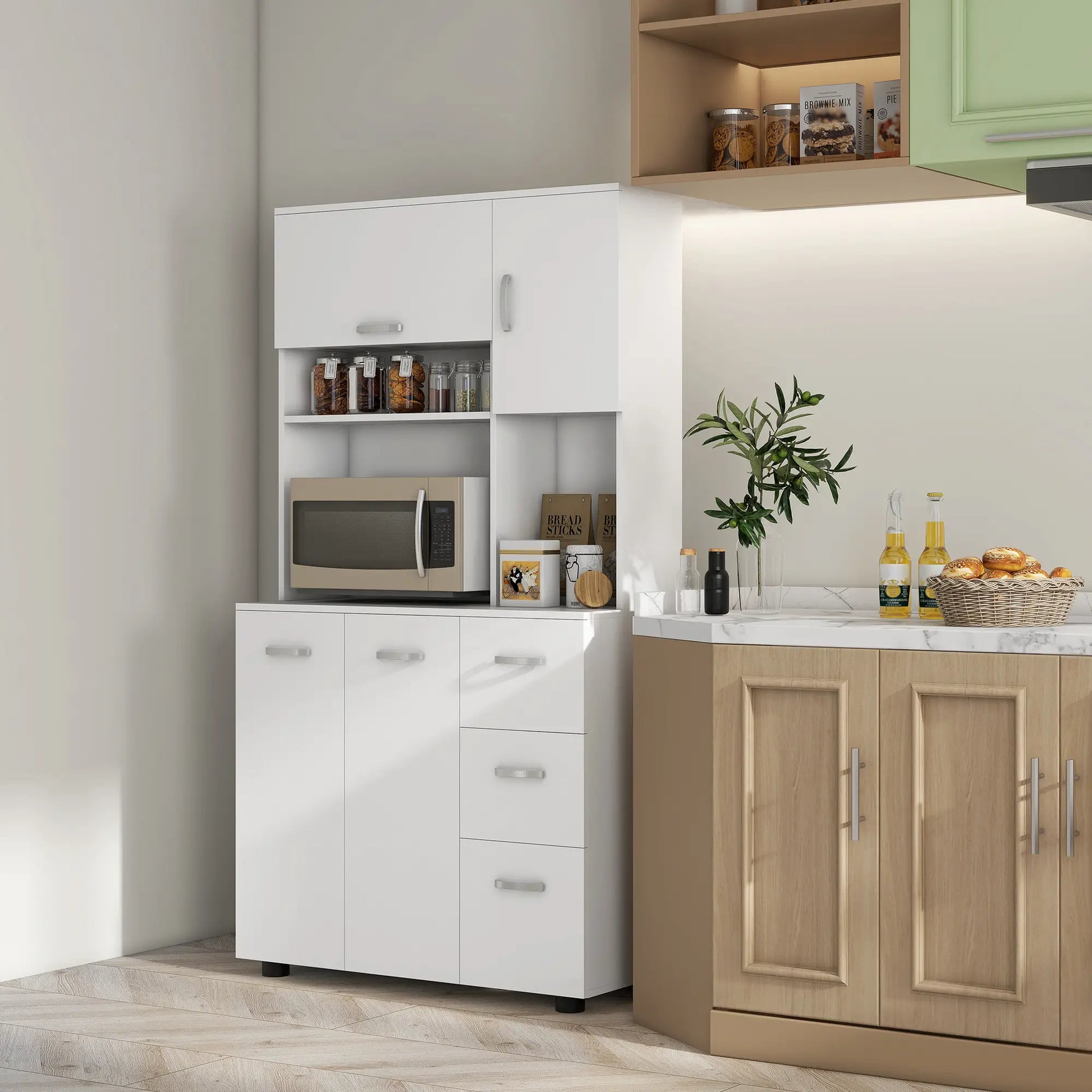 Freestanding Kitchen Microwave Cabinet Tall Cabinet with Doors Drawers Shelves, White Kitchen Pantry Cabinets at Gallery Canada