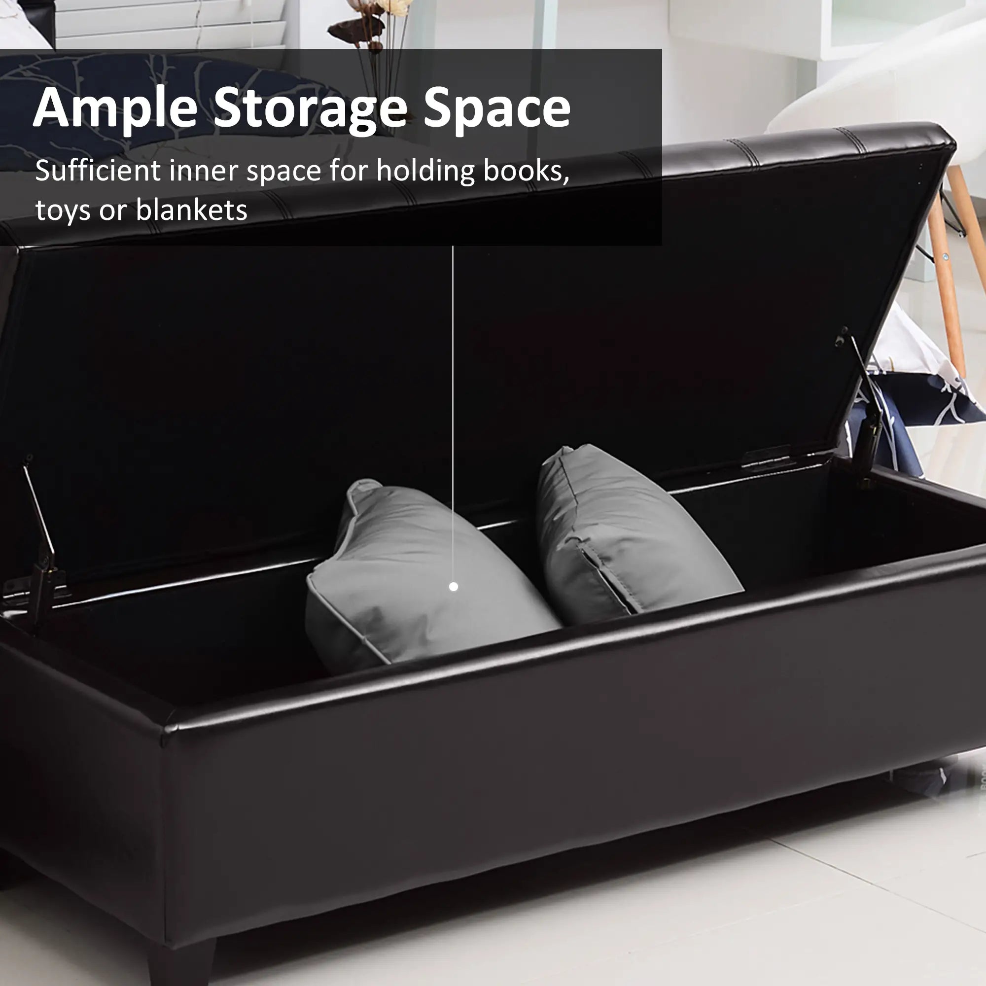 Storage Ottoman Bench, 51 Inches PU Leather, Solid Wood Legs, Brown Storage Ottomans & Benches at Gallery Canada