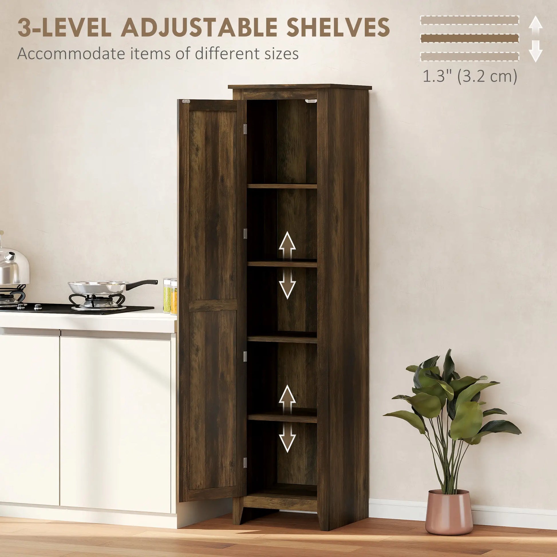 67" Farmhouse Kitchen Pantry Cabinet, Adjustable Shelves, Brown Kitchen Pantry Cabinets at Gallery Canada