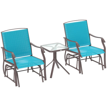 3 Piece Patio Glider Set, Breathable Mesh Seat, Glass Top Table, Blue Outdoor Gliders Brown Frame, Blue Fabric at Gallery Canada