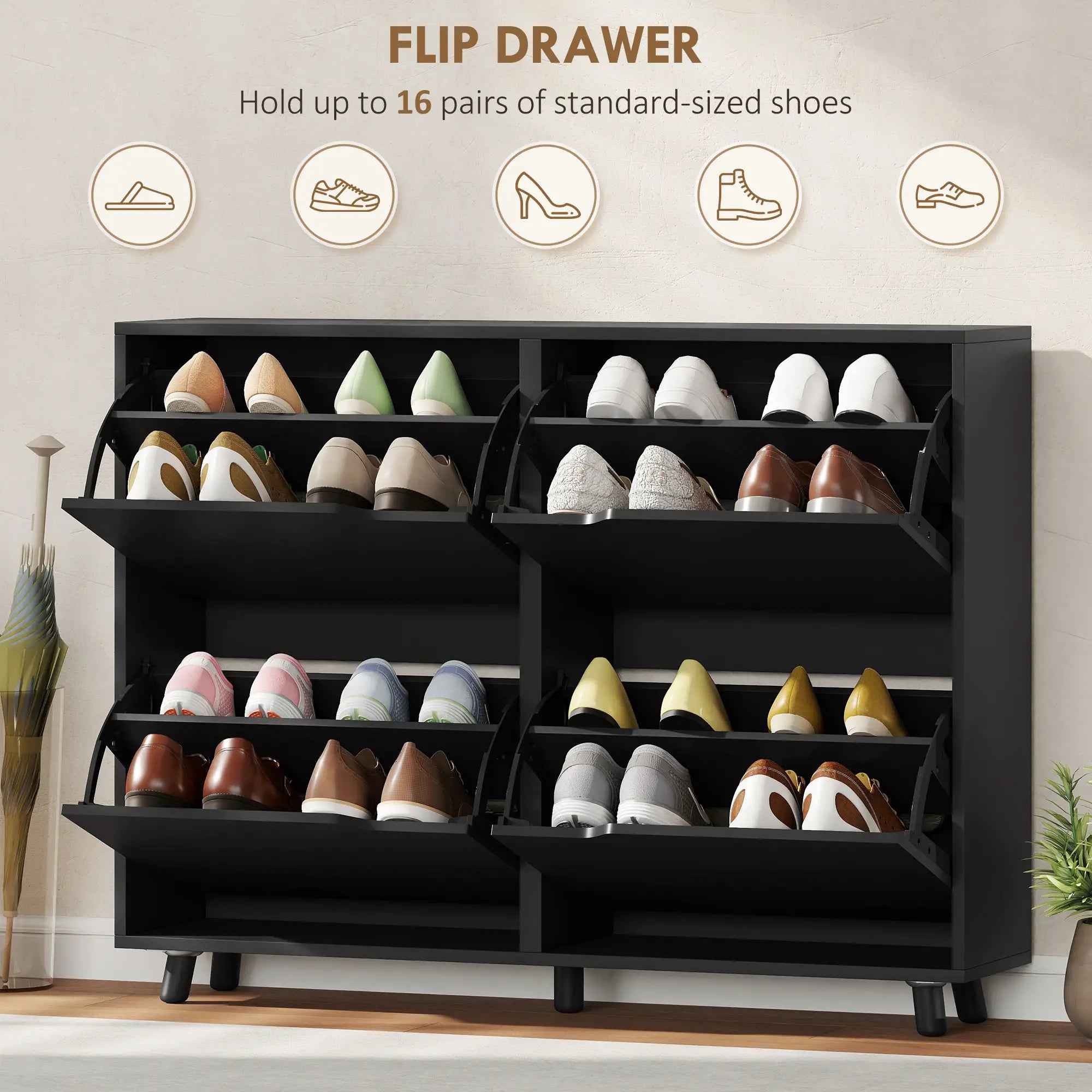 Narrow Shoe Cabinet, 4 Flip Drawers, Adjustable Shelves, 16 Pairs, Black Shoe Storage Cabinets & Racks at Gallery Canada