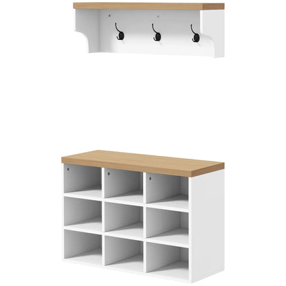 2-in-1 Hall Tree, 5-Hook Coat Rack Shoe Bench Set, White Clothing Storage White, Oak at Gallery Canada